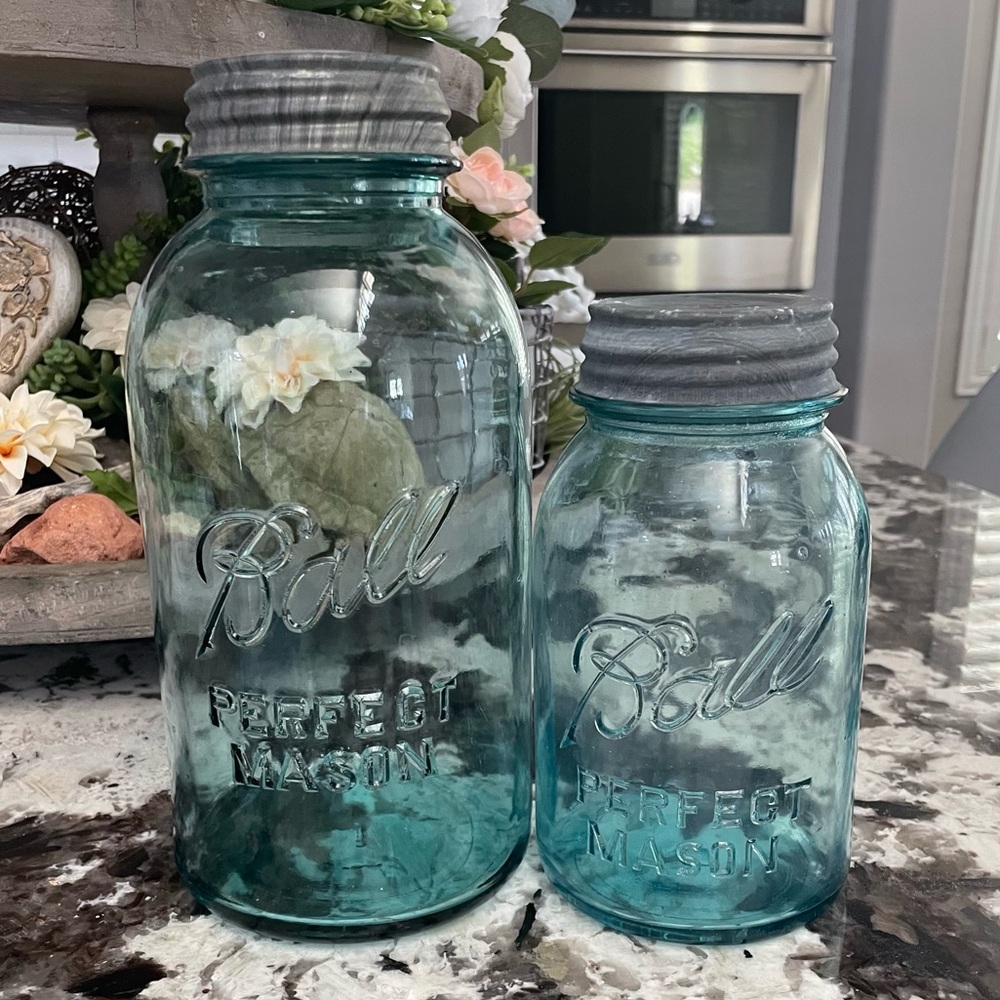 Two Rare (Early 20s) Antique Blue Perfect Mason Jar Set (1/2 Gallon, Quart)